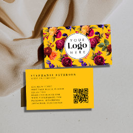 Modern Bold Yellow Floral Custom Logo QR Code Visitkort