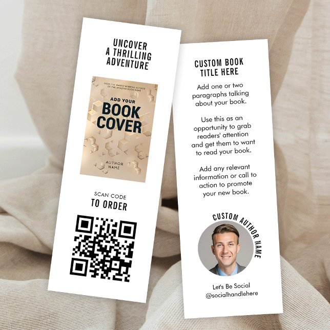 Modern Book Launch Author Photo Mini Bookmark Card Visitkort (MINI 3x1" Bookmark with custom author and book cover photos + fully editable text and QR code)