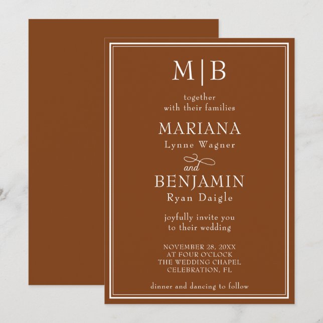 Modern Bord Minimalistisk Boho Brun Bröllop Inbjudningar (Fram/baksida)