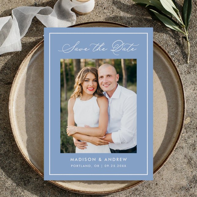 Modern Border Script Blue Photo Wedding Spara Datumet (Skapare uppladdad)