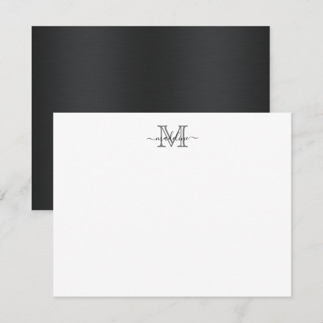 Modern Borstad Metall Svart Grå Scriptmonogram Anteckningskort (Fram/baksida)