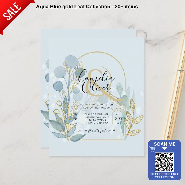 Modern Botanica; Aqua SeaGlass Guld Bröllopsinbjud (Skapare uppladdad)