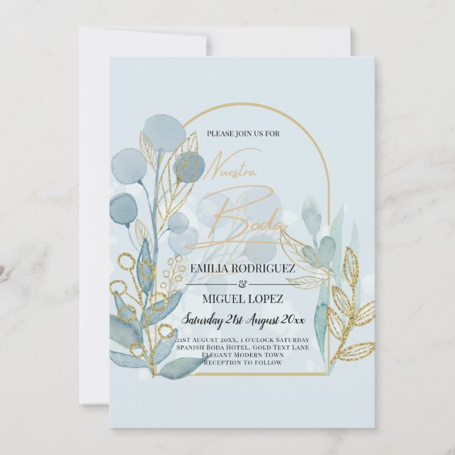 Modern Botanica, inbjudan till Aqua SeaGlass Guld  (Framsida)