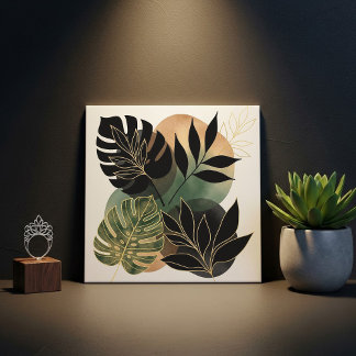 Modern Botanical Abstract Art Black and Gold Leave Kakelplatta