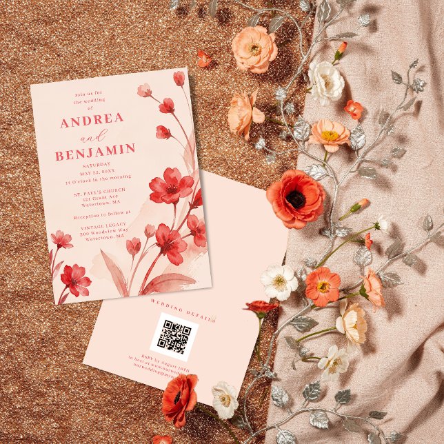 Modern Botanical Bloom Juicy Red Pinky Pink  Inbjudningar (Modern Botanical Bloom Juicy Red & Pinky Pink Editorial Wedding Invitation with Back QR Code.)