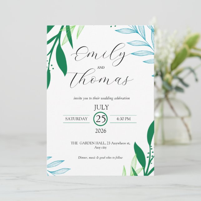 Modern Botanical Green Leaf Wedding Invitation Inbjudningar (Stående Fram)