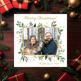 Modern Botanical Greenery Photo Holiday Card Julkort