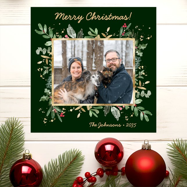 Modern Botanical Greenery Photo Holiday Card Julkort (Skapare uppladdad)