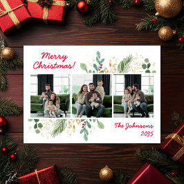 Modern Botanical Greenery Photo Holiday Card Julkort