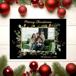 Modern Botanical Greenery Photo Holiday Card Julkort