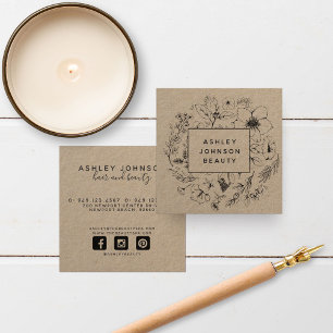 Modern Botanical Kraft and Black Blommigt Fyrkantigt Visitkort