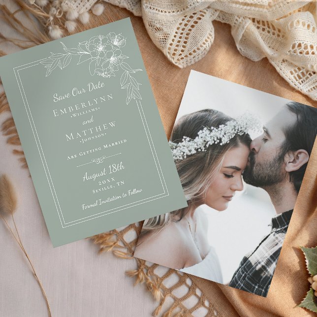Modern Botanical Sage Green Photo Wedding Spara Datumet (Modern Botanical Sage Green Photo Wedding Save The Date)