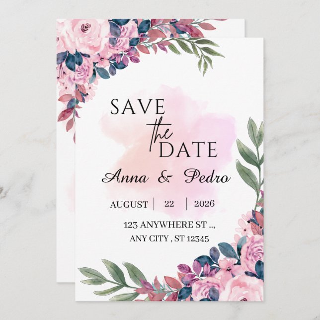 Modern Botanical Wedding Announcement Template Spara Datumet (Fram/baksida)