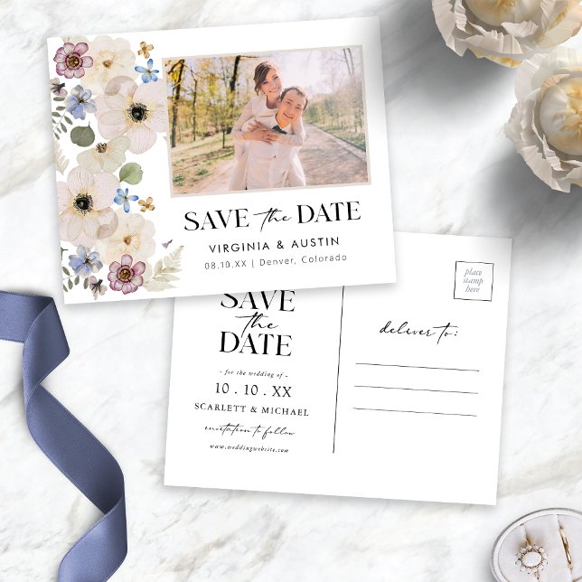 Modern Botanisk Blommig Foto Spara Datum Vykort (Modern Botanical Floral Photo Save The Date Postcard by Painted Paperie
)