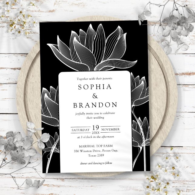 Modern botanisk Blommigt Black and White Bröllop Inbjudningar (Modern Botanical Floral Black And White Wedding Invitation)