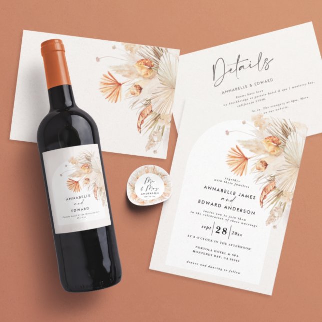 modern botanisk bohemisk pampasgräs vinflaska etikett (Skapare uppladdad)