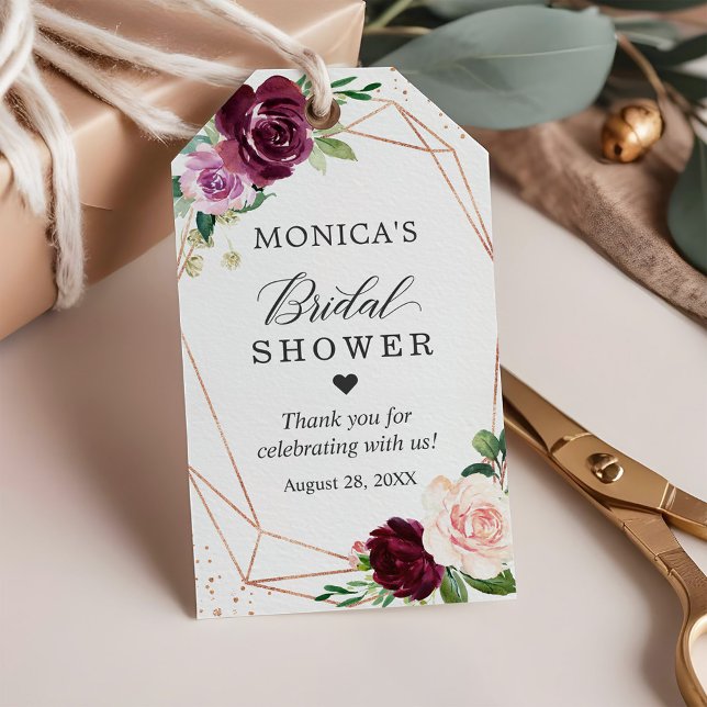 Modern botanisk bröllopsdusch i lila nyans med blo presentetikett (Skapare uppladdad)