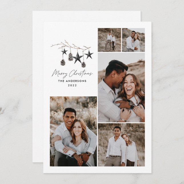 Modern botanisk elegant svart vit stilren högtid julkort (Fram/baksida)