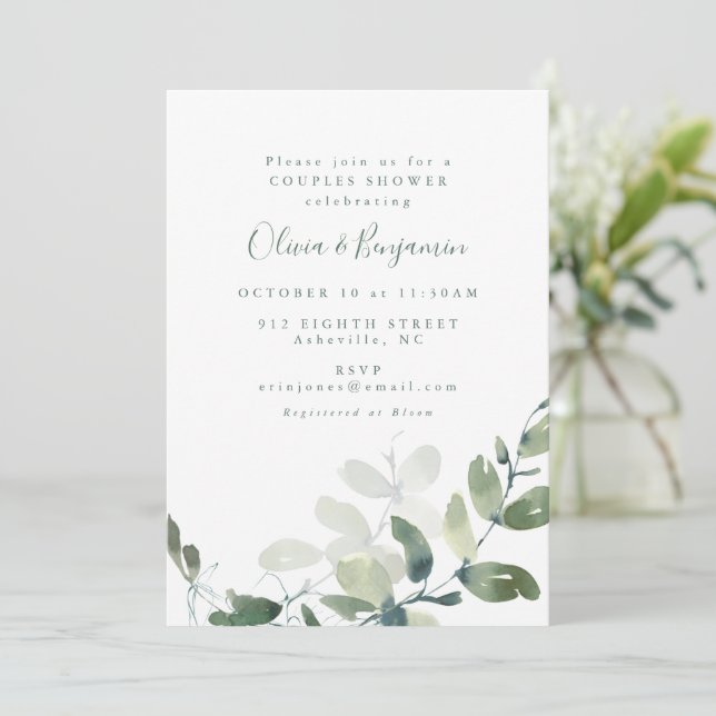 Modern Botanisk Eukalyptus Boho Par Bröllopsdusch Inbjudningar (Stående Fram)