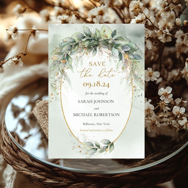 Modern botanisk grey löv guld ram spara datumet (Modern botanical greenery leaf gold frame save the date)
