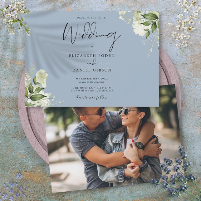 Modern Botanisk Grönska Dammblå Foto Bröllop Inbjudningar (Modern Botanical Greenery Dusty Blue Photo Wedding Invitation)
