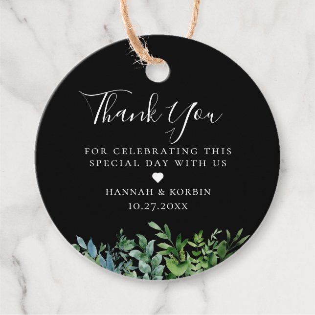Modern Botanisk Grönska Svart Bröllop Gåvor Etiketter (Framsida)