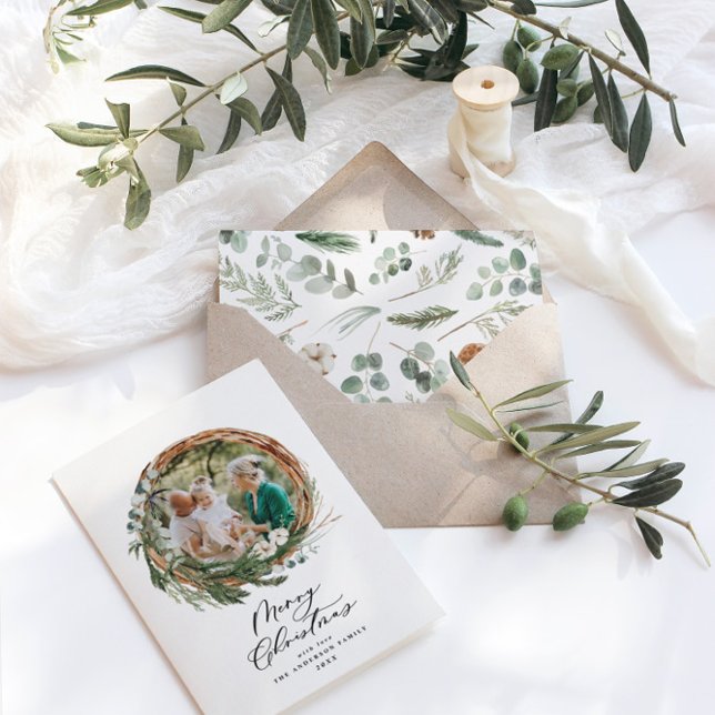 Modern botanisk krans Julskript 1 foto Julkort (Skapare uppladdad)