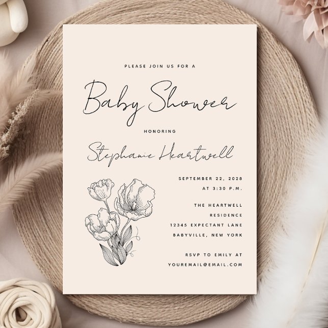 Modern botanisk linjekonst krämfärgad babyshower inbjudningar (Skapare uppladdad)