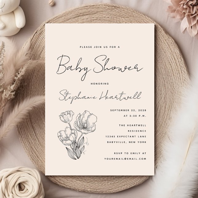 Modern botanisk linjekonst krämfärgad babyshower inbjudningar (Skapare uppladdad)