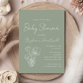 Modern botanisk linjekonst Sagegrön baby shower Inbjudningar