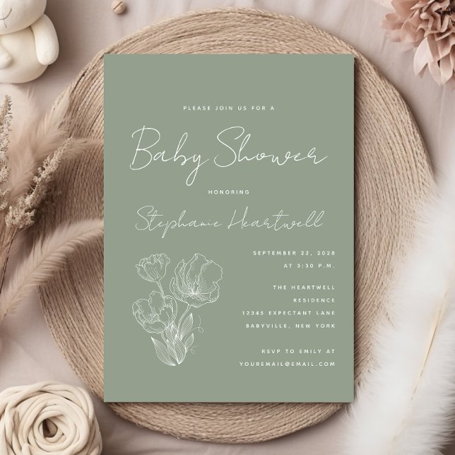 Modern botanisk linjekonst Sagegrön baby shower Inbjudningar (Skapare uppladdad)