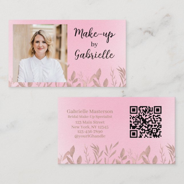 Modern Botanisk Mjuk Rosa Boho Foto QR-kod   Visitkort (Fram/baksida)