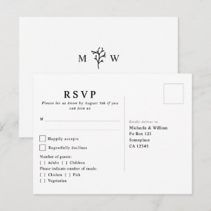 Modern Botanisk Monogram- RSVP till Bröllop Vykort