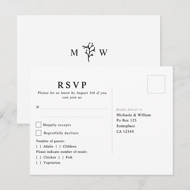 Modern Botanisk Monogram- RSVP till Bröllop Vykort (Fram/baksida)