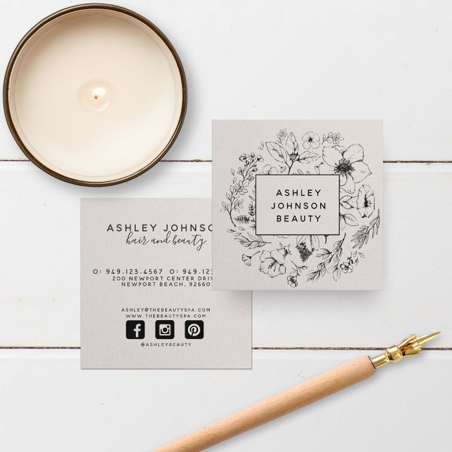 Modern botanisk  och svart fyrkantigt visitkort (Easily personalize this business card with your unique details for a fresh, beautiful brand!)