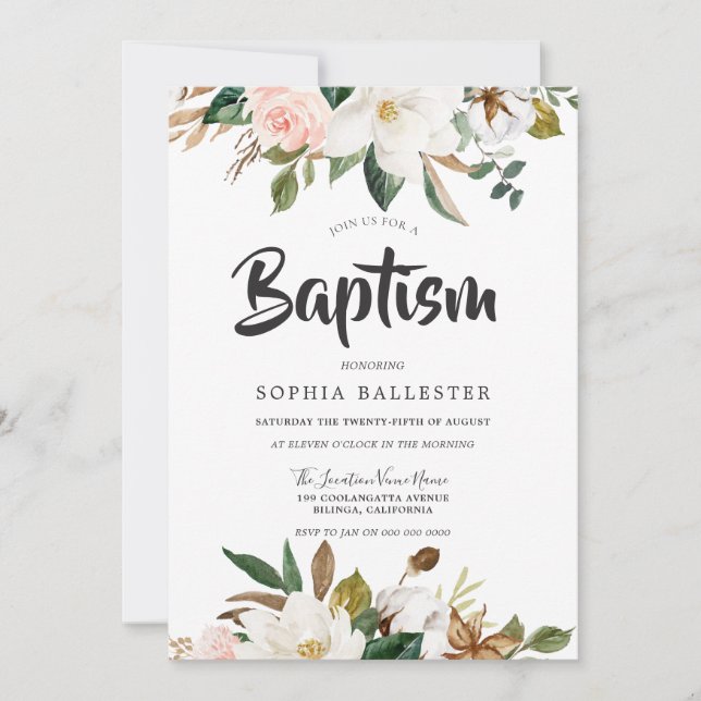 Modern botanisk  och vit Blommigt-baptism Inbjudningar (Framsida)