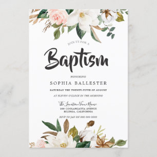 Modern botanisk och vit Blommigt-baptism Inbjudningar