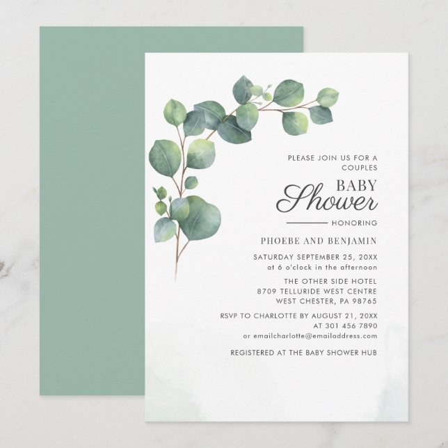 Modern Botanisk Par Baby Shower Eukalyptus Inbjudningar (Fram/baksida)