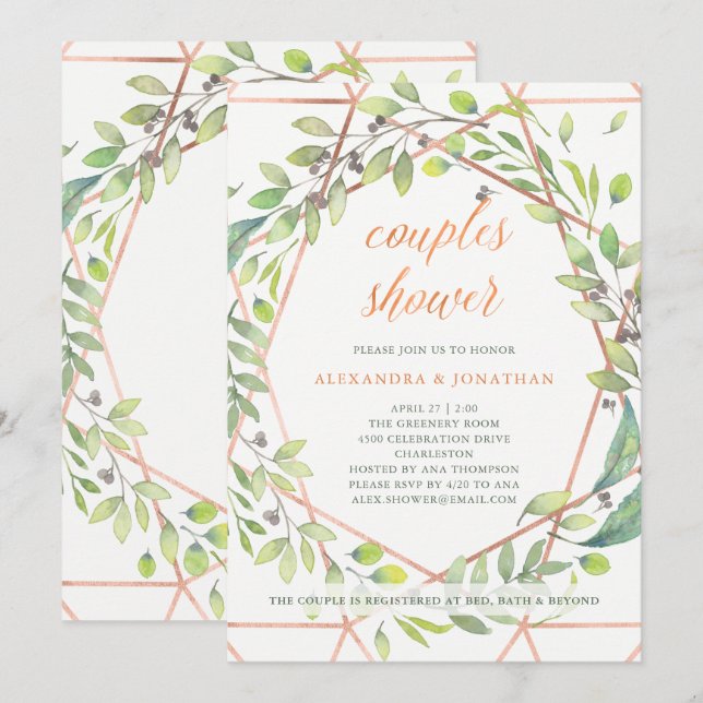 Modern botanisk | Par-dusch för koppartittar Inbjudningar (Fram/baksida)