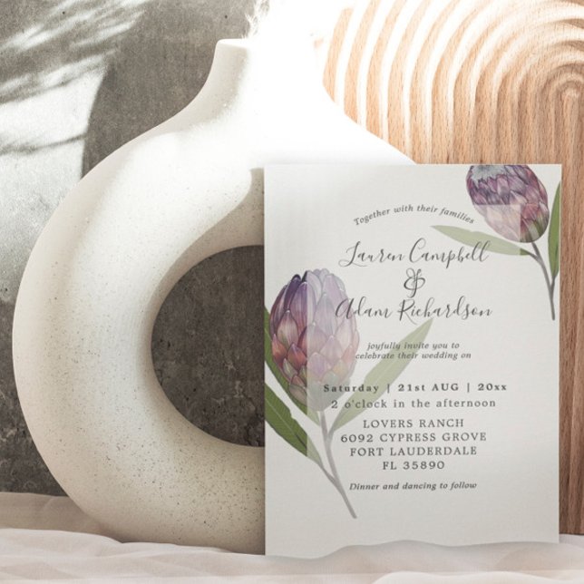 Modern Botanisk Protea Lila Bröllop  Inbjudningar (Skapare uppladdad)