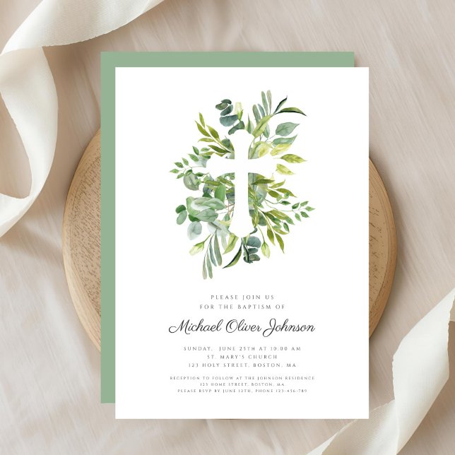 Modern Botanisk Religiös Kors Döpelse Inbjudningar (Modern Botanical Religious Cross Baptism Invitation)