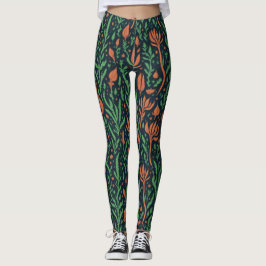 Modern Botanisk Röd Gröna Blad Blommig Mönster Leggings