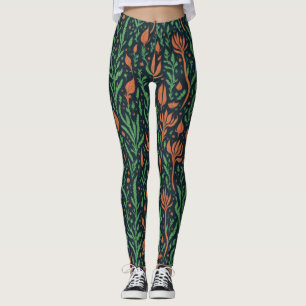 Modern Botanisk Röd Gröna Blad Blommig Mönster Leggings