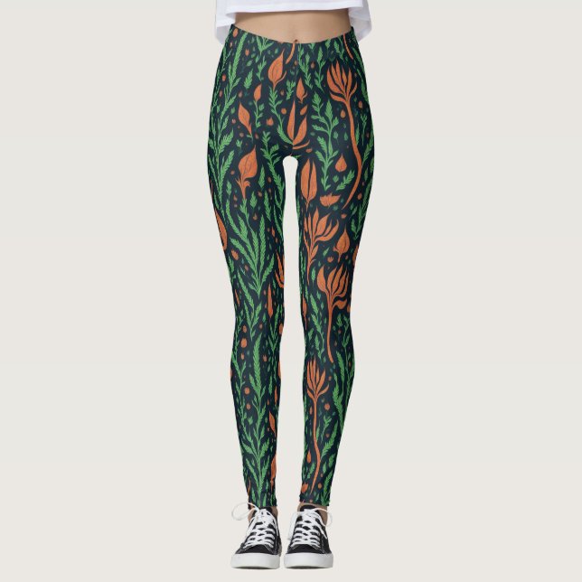 Modern Botanisk Röd Gröna Blad Blommig Mönster Leggings (Framsida)