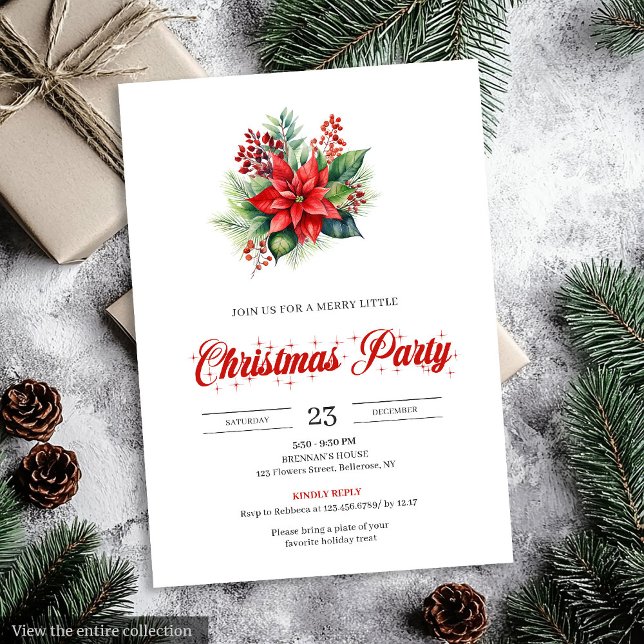 Modern Botanisk Röd Poinsettia Middagsinbjudan Inbjudningar (Modern Botanical Red Poinsettia Dinner Invitation)