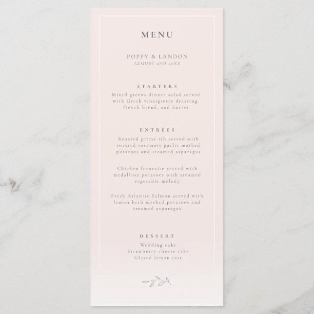 Modern Botanisk  Rosa Bröllop Menu Meny (Framsida)