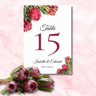 Modern Botanisk Rosa Protea Blommig Bröllopsbord Bordsnummer