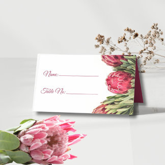 Modern Botanisk Rosa Protea Blommig Bröllopsdags B Placeringskort