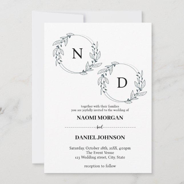 Modern botanisk vapensköld i elegant monogram inbjudningar (Framsida)