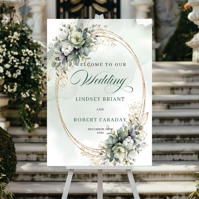 Modern Botanisk Vit Rosor Välkomstaffisch Poster (Modern Botanical White Roses Welcome Poster)